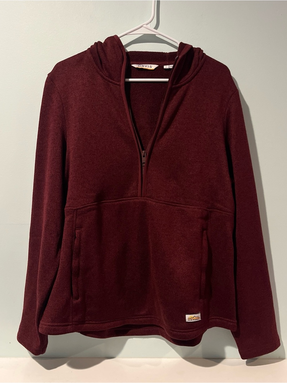 Orvis Women’s Maroon 1/2 Zip Pullover Hooded Sweater Pockets, Size Large